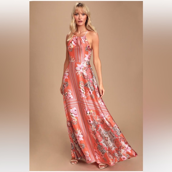 Lulus Dresses & Skirts - Lulus - Whirlwind Coral Pink Multi Scarf Print Satin Maxi Dress